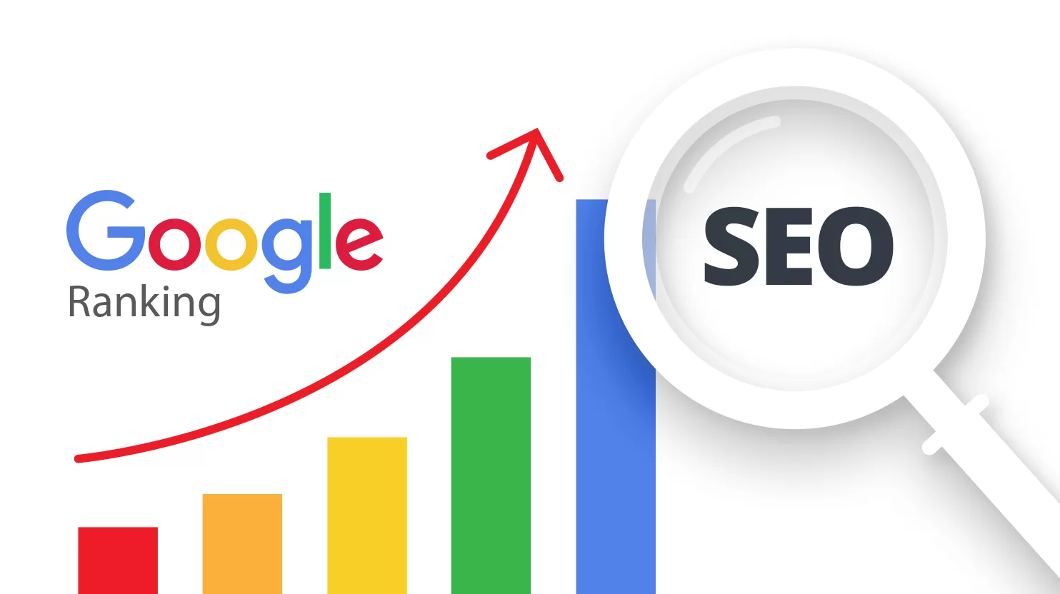Ecco una descrizione concisa per un testo alternativo: "Grafico a barre che mostra l'aumento del posizionamento Google (Ranking) grazie all'ottimizzazione SEO. Una lente d'ingrandimento evidenzia la parola SEO.