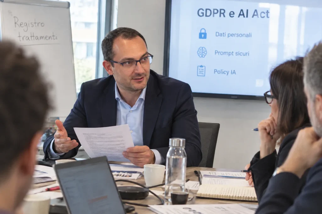 Andrea Lauricella spiega una checklist su GDPR e AI Act durante una formazione in azienda