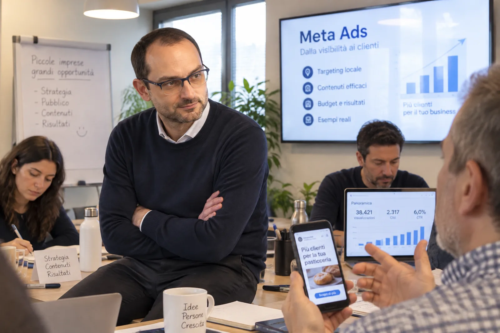 Andrea Lauricella spiega un funnel di marketing digitale a un team aziendale